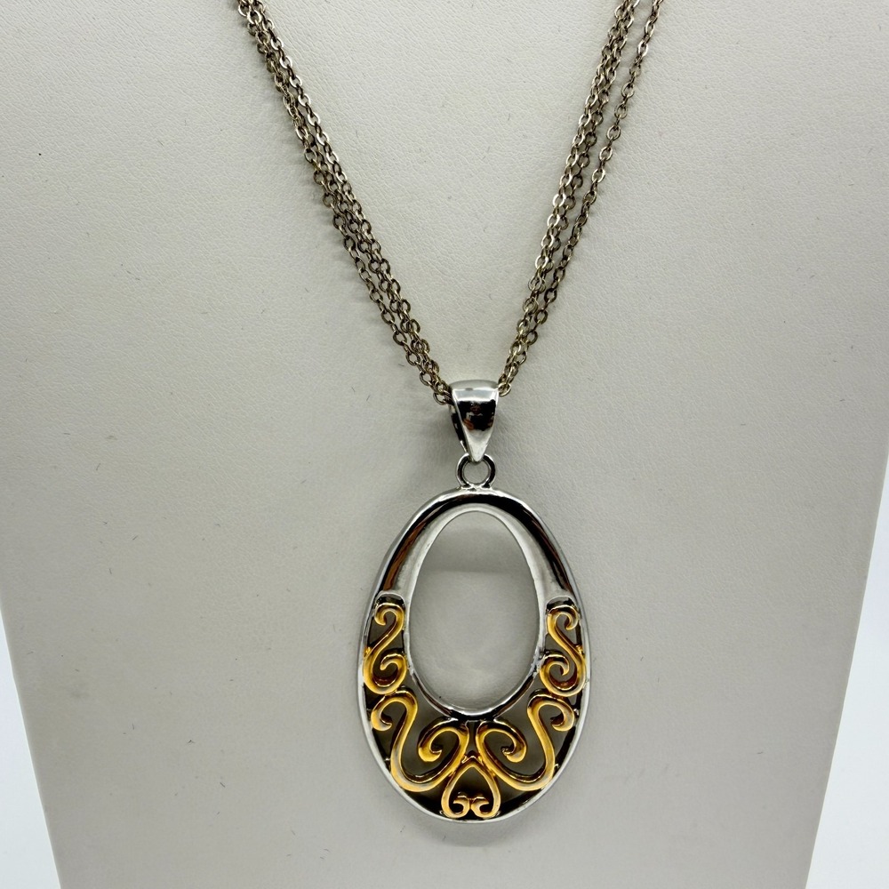 VTG Two Tone Silver & Gold Tone Open Oval Pendant Multi Strand Chain Necklace